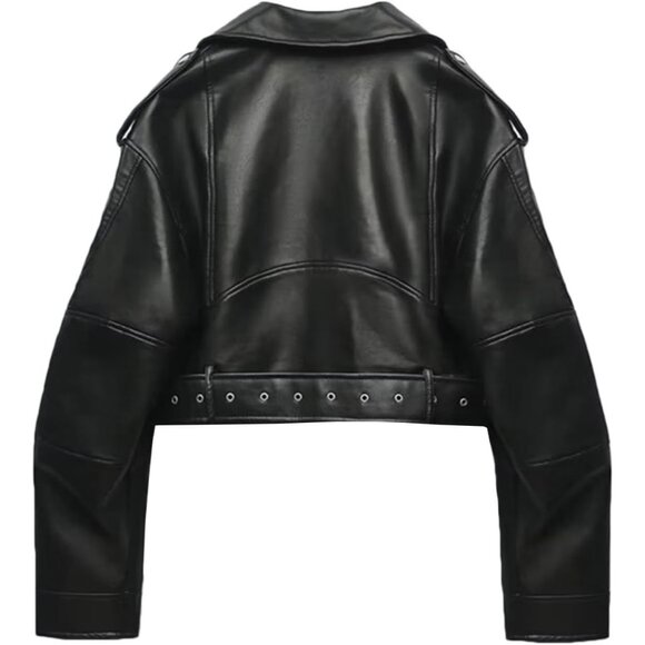 Women's Faux Leather Cropped Jacket Lapel Zipper Biker Short Coat Black - Picture 2 of 6